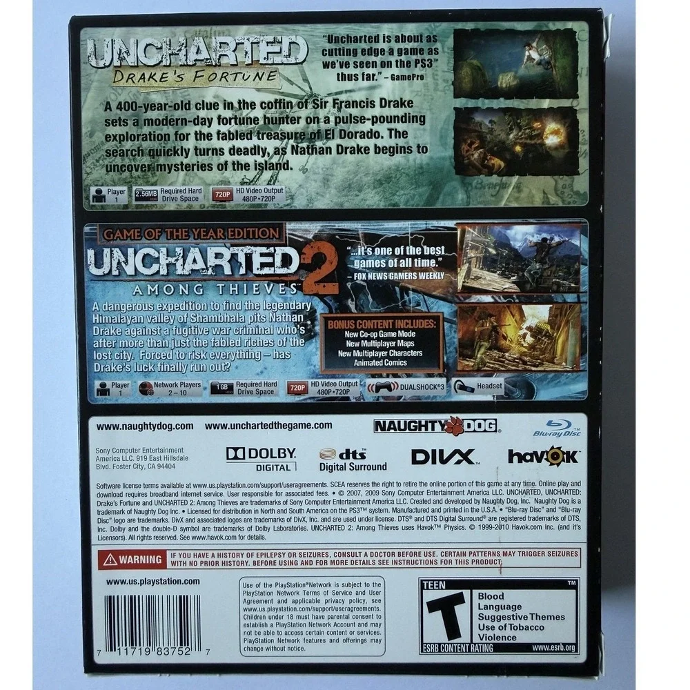 Uncharted Dual Pack 1 & 2 - Sony PlayStation 3 - CIB Slipcover & Both Manuals